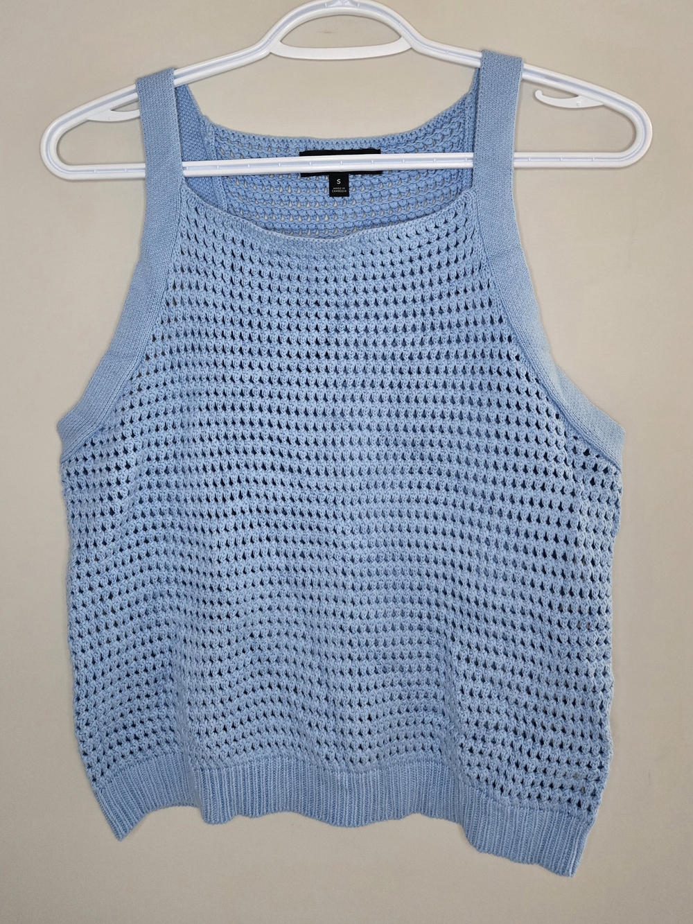 Banana Republic light blue openwork crochet knit tank, thin strap + ribbed hem